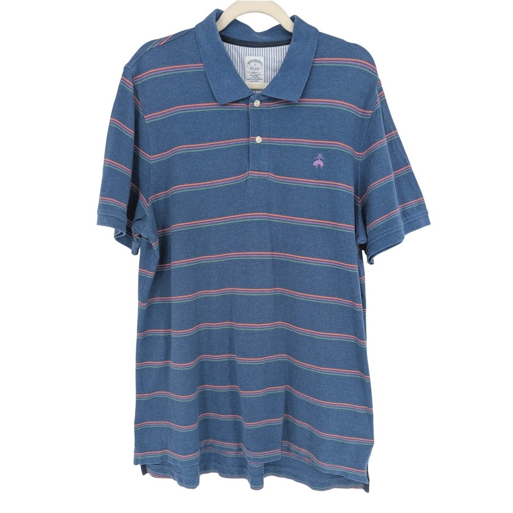 Brooks Brothers Pique Polo Shirt Mens XL Blue Striped Slim Fit Preppy Coastal